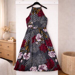 Everly Anthropologie Floral Halter Midi Dress Gray Pink Geometric Print Size S